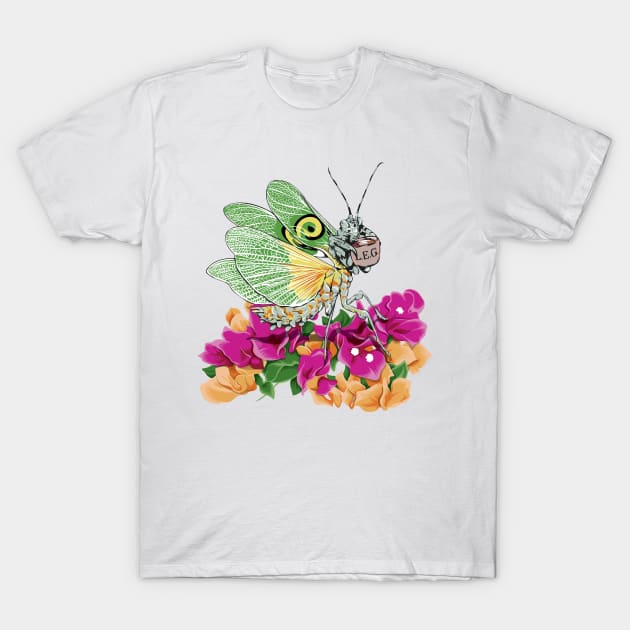 Original White and Green Butterfly Praying Mantis on orange and Purple Tulips sipping on some Tea T-Shirt by LegCup